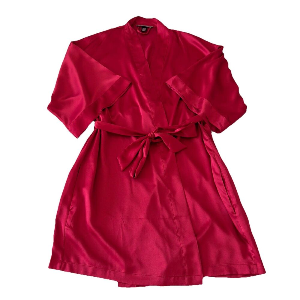 Victoria’s Secret Kimono Robe XS S Rich Red Silky Satin Short Pockets Sleepwear
